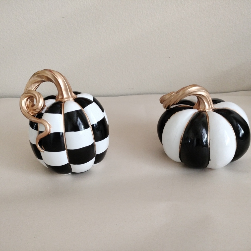 Pair Resin Whimsical Pumpkins 5 & 6" Black White Stripes & Checks Hand Painted